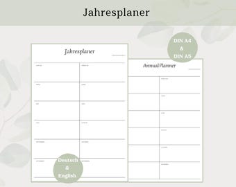May include: Printable yearly planner in A4 and A5 sizes. The planner is divided into 12 months and has space for notes. The text on the planner is in German and English.