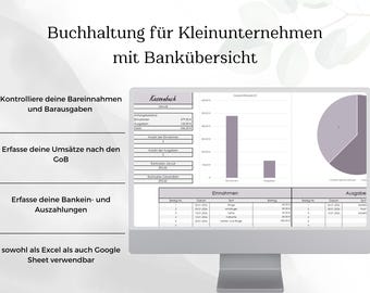 May include: A computer monitor showing a spreadsheet with financial data, including charts and tables. Text on the screen includes "Buchhaltung für Kleinunternehmen mit Bankübersicht" and other financial terms. The screen is on a silver stand.