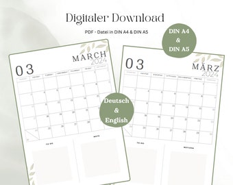 Planificateur mensuel, mars, allemand et anglais, DIN A4, DIN A5, téléchargement numérique, à imprimer, bureau à domicile, liste de choses à faire, PDF, aperçu