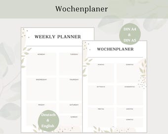 Puede incluir: Una plantilla de planificador semanal imprimible en inglés y alemán. La plantilla tiene un diseño minimalista con un esquema de color verde claro y blanco y presenta un diseño floral.