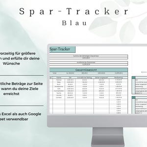 May include: A blue computer screen displaying a budgeting spreadsheet with the title "Spar-Tracker". The spreadsheet includes columns for "Name", "Ziel", "monatlicher Betrag", "bereits angesogen", and "Restbetrag". The spreadsheet also includes a pie chart with the title "Spar-Tracker".