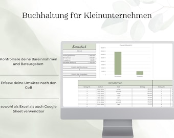 Cash Book I EUR, Accounting, Cash Receipt and Expense Calculator for Small Businesses, Beginner-Friendly, 13 Tabs, Green