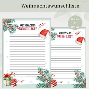 Weihnachtswunschliste I Weihnachten, PDF, Deutsch und Englisch, blaues Design, zum ausdrucken und selbst ausfüllen, Wunschliste, Wünsche