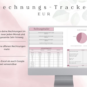 Seguimiento de facturas I EUR I Alemán, seguimiento mensual, resumen anual, ingresos, gastos, para principiantes, Excel, Hojas de cálculo de Google, rosa