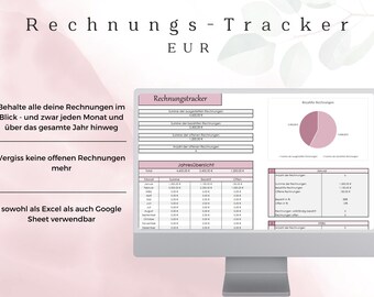 請求書トラッカー I EUR I ドイツ語、月次トラッカー、年次概要、収入、支出、初心者向け、Excel、Google スプレッドシート、ピンク