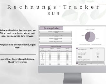 以下が含まれることがあります： 「Rechnungs-Tracker EUR」というタイトルのスプレッドシートが表示されたコンピューター画面。スプレッドシートは、日付、金額、ステータスなどの列で請求書を追跡するように設計されています。スプレッドシートには、未処理の請求書と処理済みの請求書の数を示すグラフも含まれています。