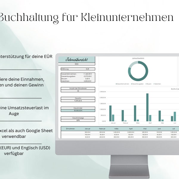 EÜR Planer, Buchhaltung, Einnahmen, Rechner für kleine Unternehmen, Small Business, Anfängerfreundlich, blau, deutsch, englisch, EUR, USD