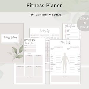 Könnte beinhalten: Ein druckbarer Fitnessplaner im PDF-Format für die Größen DIN A4 und DIN A5. Der Planer enthält Abschnitte für Trainingsprotokolle, Ernährungspläne, Fitnessziele und Wochenpläne.