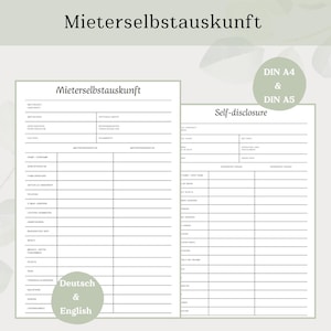 Tenant self-disclosure I DIN A4, DIN A5, digital download, stress-free renting/letting, PDF, German, English, printable, self-disclosure