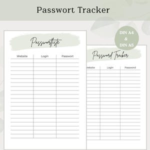Może przedstawiać: Drukowany tracker haseł w rozmiarach DIN A4 i DIN A5. Tracker zawiera kolumny dla strony internetowej, logowania i hasła. Tytuł to "Password Tracker", a podtytuł to "Passwortliste".