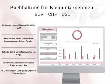 EÜR Planner I Accounting I Eur CHF USD Income I Calculator for small businesses, Small Business, Beginner-friendly, pink, German, English