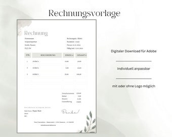 Rechnungsvorlage digital & personalisierbar, Adobe, mit oder ohne Logo, minimalistisches Design, Kleinunternehmen, Kundenrechnung, grün