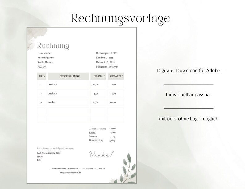 Invoice Template Digital & Customizable, Adobe, With or Without Logo ...