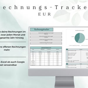 Puede incluir: Una pantalla de ordenador que muestra una hoja de cálculo con el título "Rechnungs-Tracker EUR". La hoja de cálculo es un rastreador de presupuesto para realizar un seguimiento de los ingresos y gastos. La hoja de cálculo está dividida en secciones para "Rechnungstracker", "Jahresübersicht" y "Bezahlte Rechnungen".