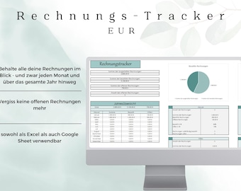 以下が含まれることがあります： 「Rechnungs-Tracker EUR」というタイトルのスプレッドシートが表示されたコンピューター画面。スプレッドシートは、収入と支出を追跡するための予算トラッカーです。スプレッドシートは、「Rechnungstracker」、「Jahresübersicht」、「Bezahlte Rechnungen」のセクションに分かれています。