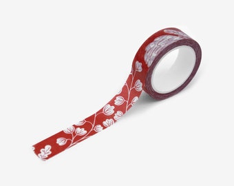 Biodegradable Red Washi Paper Tape with Wintery Floral Pattern | Compostable Gift Wrap Packaging Tape | Christmas Flowers Gift Wrapping Tape