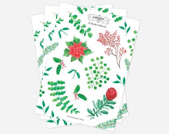 Winter Watercolor Floral Sticker Sheet | Christmas Holiday Flowers | Protea Mistletoe Poinsettia Holly Berry Eucalyptus | Gift Wrap Labels