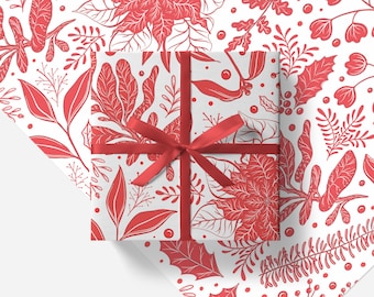 Compostable Wrapping Paper | Double-Sided Biodegradable & Recyclable Gift Wrap | Eco-friendly, Compostable | Red and Blue Floral Pattern