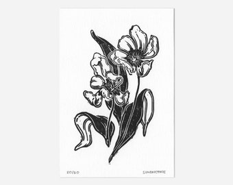 Tulips Black & White Limited Edition Linocut  Print | Handmade Hand-printed Wall Art Hanging | Limited Edition Block Printing Floral Poster