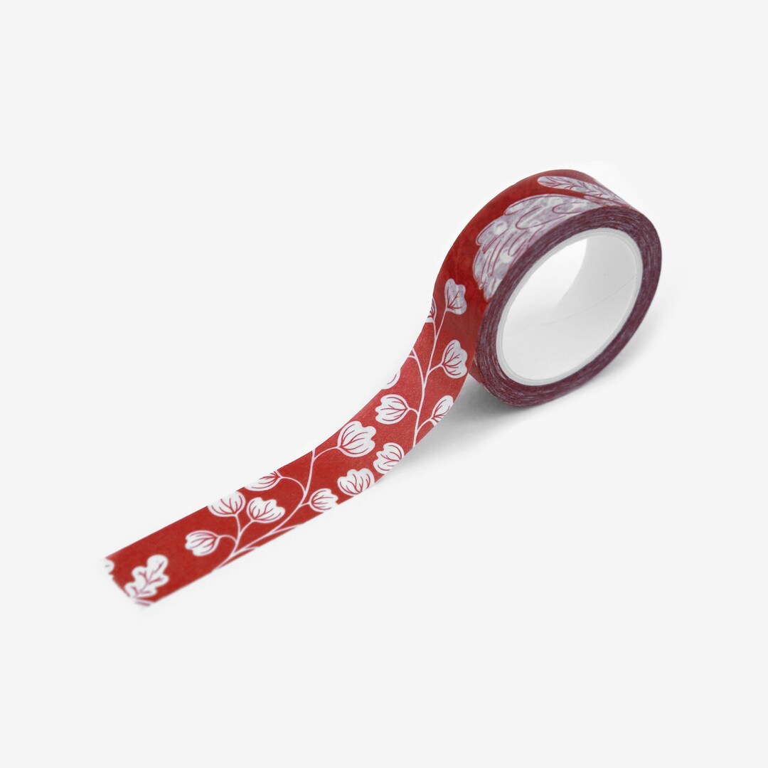 Biodegradable Red Washi Paper Tape With Wintery Floral Pattern
