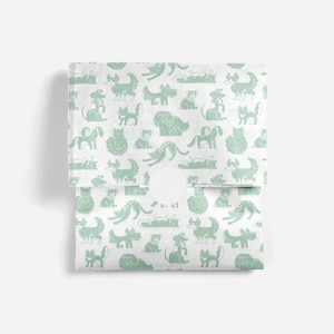 Papier de soie chats et chiens | Papier d'emballage en tissu compostable biodégradable recyclable | Cadeau d'emballage cadeau pour enfants chat vert sauge
