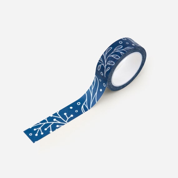 Biodegradable Blue Washi Paper Tape With Wintery Floral Pattern