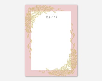 Blush Floral Notepad | Sustainable Paper Stationery | Pink & Gold Botanical-Inspired Rose Flowers Memo Pad Notebook Desk Writing Accessory