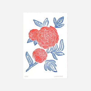 Colorful Peonies Linocut Print | Black & White Linoleum Small Print | Floral Peony Decor Gift Limited Edition | Sustainable Eco Home Art