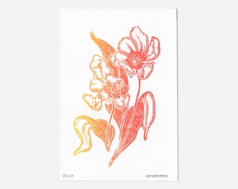 Tulips Yellow-Orange Gradient Linocut Print | Handmade Handprinted Linocut Wall Art | Limited Edition | Colorful Floral Block-Printed Poster