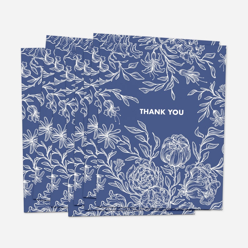 Set of 8 Thank You Gift & Greeting Cards Blue Flowers Sustainable Ecofriendly Recyclable Compostable Blank Inside Matching Envelope Set of 8