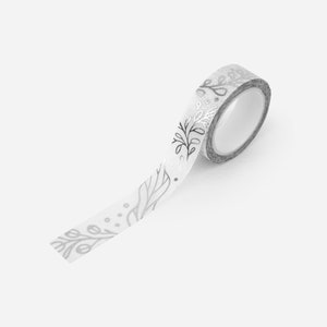 Biologisch afbreekbare metallic zilverfolie Washi-papiertape met winters bloemmotief | Composteerbare cadeauverpakking verpakkingstape | Kerst bloemen