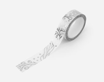 Biodegradable Metallic Silver Foil Washi Paper Tape with Wintery Floral Pattern | Compostable Gift Wrap Packaging Tape | Christmas Flowers