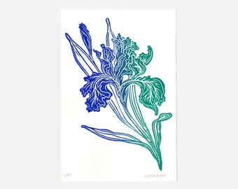 Colorful Iris Linocut Print | Small Handmade Gradient Sustainable Floral Linocut Print | Home Decor Gift Flower Wall Art Collectible Hanging