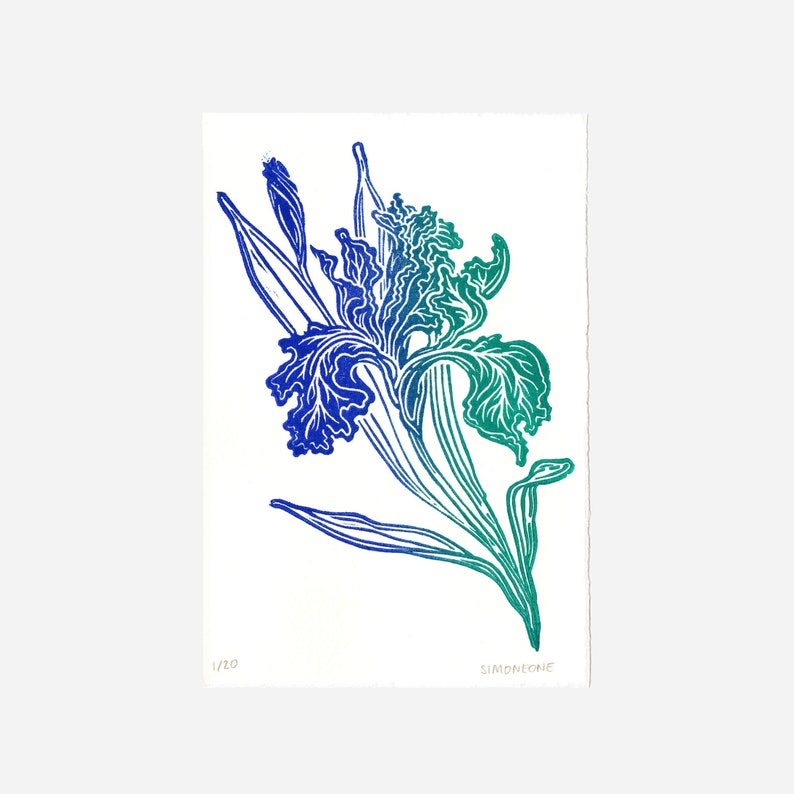 Colorful Iris Linocut Print Small Handmade Gradient Sustainable Floral Linocut Print Home Decor Gift Flower Wall Art Collectible Hanging Gradient