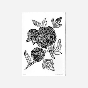 Peonies Linocut Print | Black & White and Colorful Linoleum Print | Floral Peony Decor Gift Limited Edition Print | Sustainable Eco Home Art