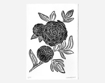 Peonies Linocut Print | Black & White and Colorful Linoleum Print | Floral Peony Decor Gift Limited Edition Print | Sustainable Eco Home Art