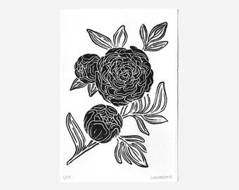 Peonies Linocut Print | Black & White and Colorful Linoleum Print | Floral Peony Decor Gift Limited Edition Print | Sustainable Eco Home Art