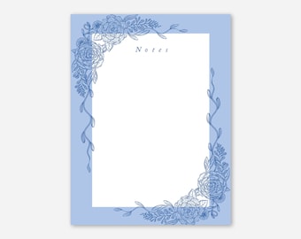 Blue Floral Notepad | Sustainable Paper Stationery | Vintage Floral Botanical-Inspired Rose Flowers Memo Pad Notebook Desk Writing Accessory