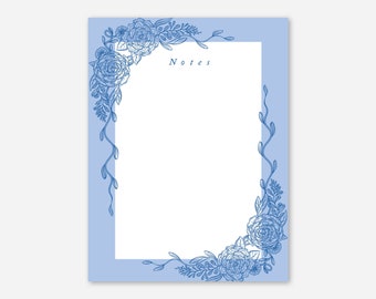 Blue Floral Notepad | Sustainable Paper Stationery | Vintage Floral Botanical-Inspired Rose Flowers Memo Pad Notebook Desk Writing Accessory