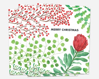 Set of 8 Merry Christmas Greeting Cards | Festive Watercolor Flowers | Sustainable Eco-Friendly Recyclable Compostable |  Matching Envelope