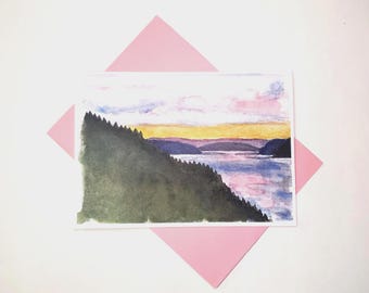 Handmade watercolor multi occasion greeting card - blank inside "Fjord at Sunset, Hood Canal"