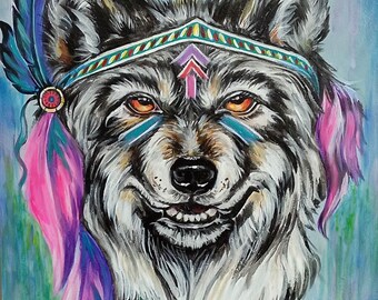 Wolf pop art original acrylic painting home decor