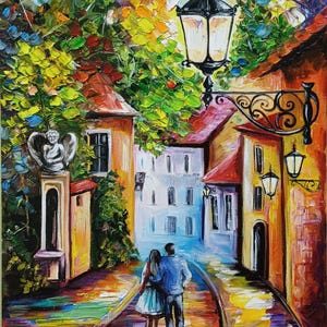 Paisaje urbano con gente, pintura al óleo original, empasto 3D, hecho a mano 14×10 pulgadas