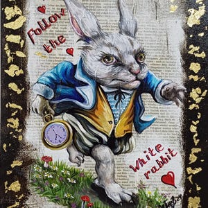 White rabbit Alice in Wonderland original artwork acrylic painting art gift