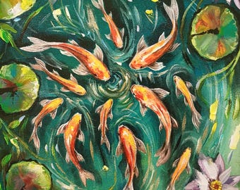 Original Koi Fish Painting, Colorful Acrylic Artwork