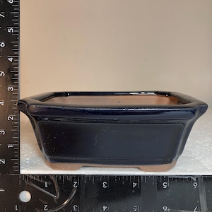 May include: A square, dark blue ceramic bonsai pot with a brown clay interior. The pot has a slightly raised rim and four small feet.