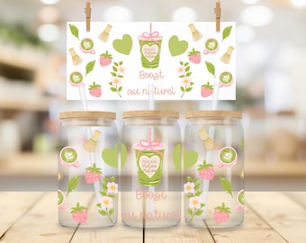 Gobelet en verre 16oz (480ml) "BOOST AU NATUREL", gobelet, thé matcha, vitalité, fleurs de cerisier, girly