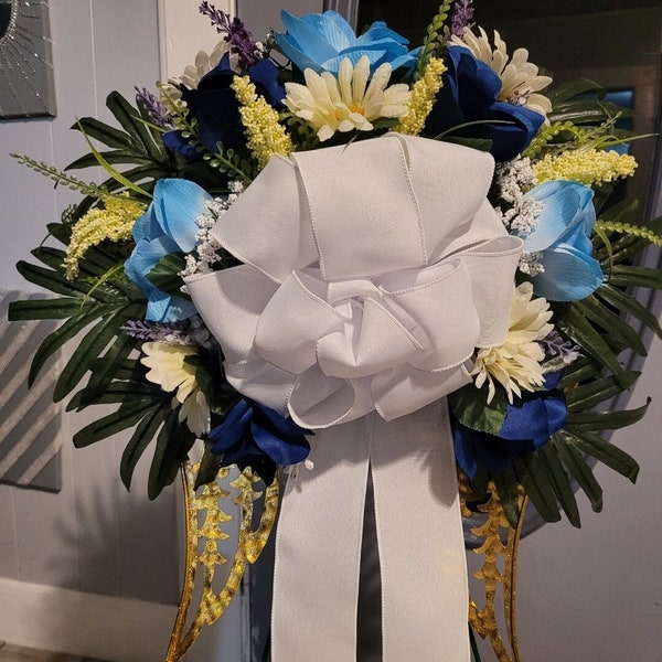 Gold Metal Angel Wings Flower Arrangement, Funeral, Graveside, Memorial, Purple, Yellow, and White, Cemetary, etc.