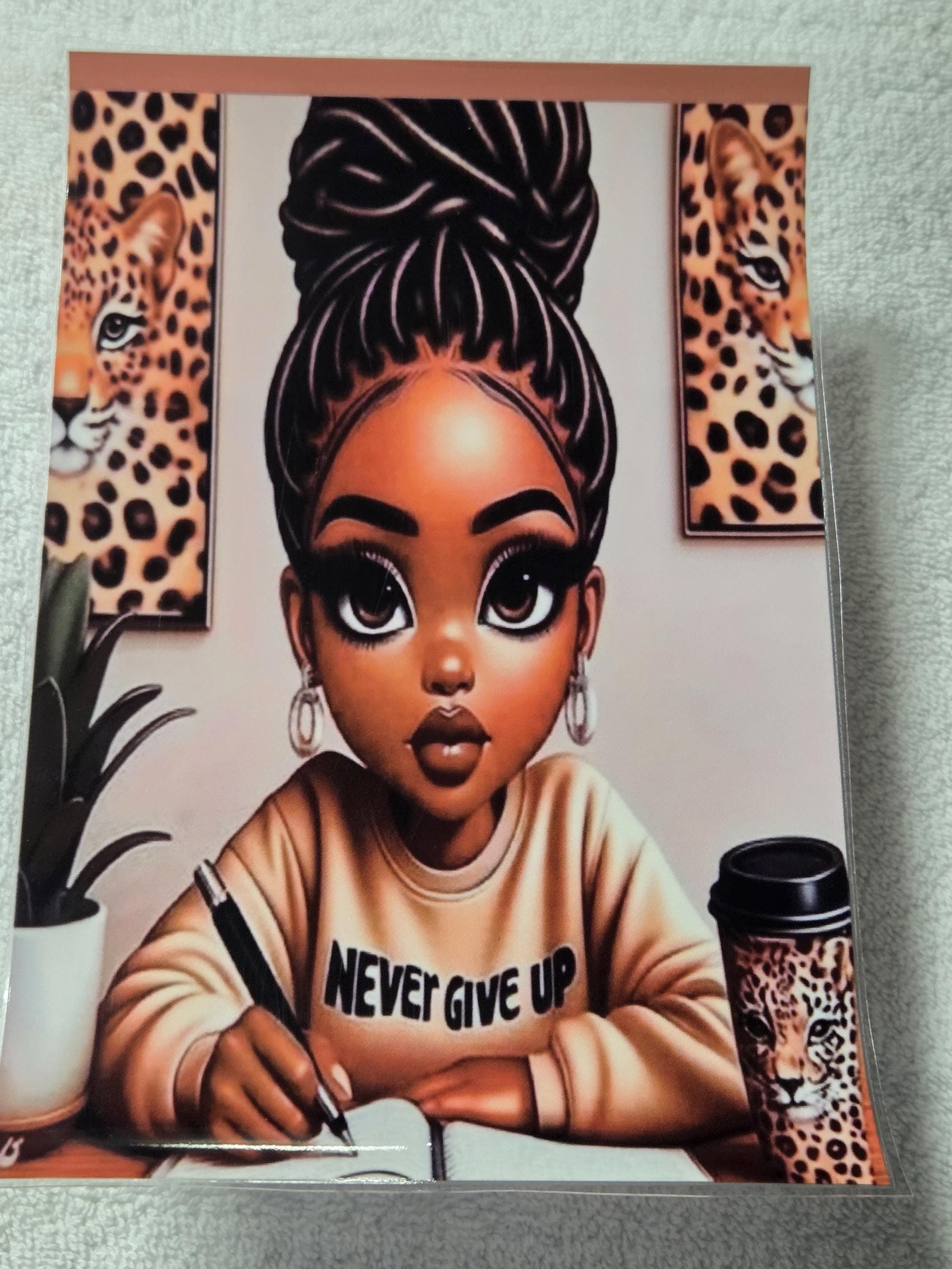 Never Give Up UVDTF Journal Cover, decal, glass, acrylic, notebook, black woman, goal, radiant.