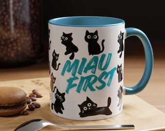 Cute cat mug for cat mum/dad, Black Cat Pattern, Miau First Ceramic Coffee Mug, christmas gift for cat lover/owner, Cat Lover Birthday Gift